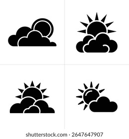 Four distinct black weather icons show the sun and clouds. Variations depict sun behind clouds with and without sun rays, on a white background.