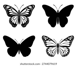 Four distinct black and white butterfly illustrations showcasing varied wing patterns and designs