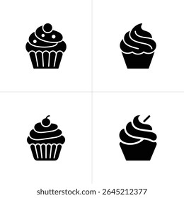 Four distinct black and white cupcake icons are depicted, each crowned with various frosting designs, including cherries and elegant swirls on white backgrounds.