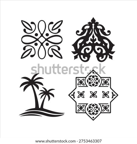 Four distinct black and white decorative patterns and a tropical scene