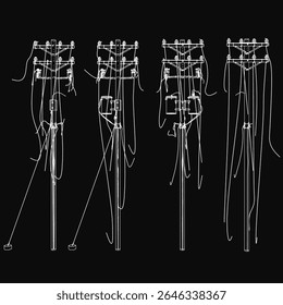 Four distinct black and white electrical poles stand in a row, featuring intricate designs and varying heights, with the tallest at the center. Wires connect each pole, emphasizing their functional.