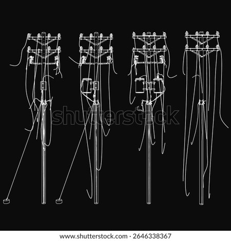Four distinct black and white electrical poles stand in a row, featuring intricate designs and varying heights, with the tallest at the center. Wires connect each pole, emphasizing their functional.