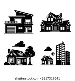 Four distinct black and white icons showing a modern house a traditional multistory home a quaint cottage with a tree and a small house transforming into highrise buildings isolated on transparent background