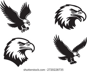 Cuatro ilustraciones distintas en blanco y negro que muestran el poder y la gracia de las águilas, incluido el vuelo de cuerpo completo y tomas de cabeza detalladas.