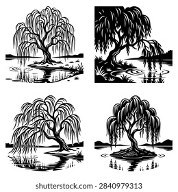 Four distinct black and white illustrations of weeping willow trees situated near bodies of water, showcasing their characteristic drooping branches.
