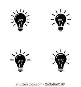 Four distinct black and white light bulb icons are presented on a white background, each radiating lines to represent ideas and illumination, conveying creativity and innovation.