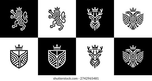 Four distinct black and white line art animal logos, including a powerful lion rampant and a majestic stag deer head, suitable for luxury and wilderness branding.