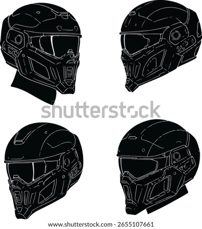 Four distinct black and white line art illustrations showcase futuristic warrior helmets with armored visors and aggressive designs, perfect for concept art or gaming.