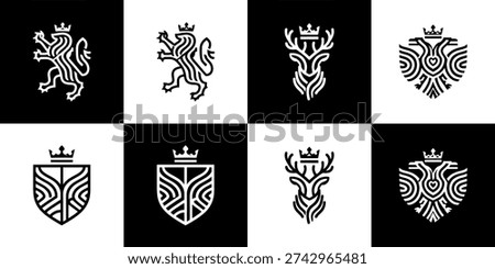 Four distinct black and white line art animal logos, including a powerful lion rampant and a majestic stag deer head, suitable for luxury and wilderness branding.