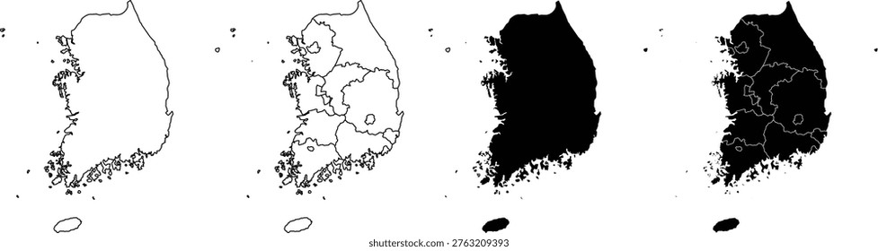 Four distinct black and white representations of the South Korean map arranged horizontally. The first and third show the simple outer boundary of the country. The second and fourth display the internal administrative province boundaries. The use high-contrast black lines and solid black fills against a plain white background, emphasizing the jagged coastline, various offshore islands, and the distinct shape of the Korean peninsula.