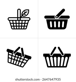 Four distinct black and white shopping basket icons are displayed, some with a handle, others with a leaf, all on a clean white background.