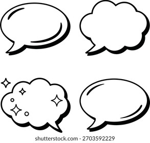 Cuatro distintos discursos en blanco y negro y burbujas de pensamiento con diversas Formas y contornos se muestran sobre un fondo blanco.