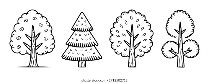 Four distinct black and white stylized trees with diverse shapes and textures line