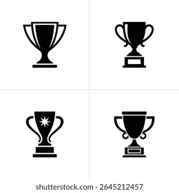 Four distinct black and white trophy icons arranged in a neat grid on a white background, symbolizing achievement, victory, and recognition in a minimalistic design.
