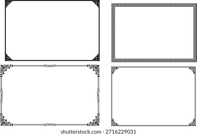 Quatro quadros vetoriais distintos em preto e branco com elegantes enfeites de canto, trabalho de rolagem e uma borda de padrão de chave grega clássica.