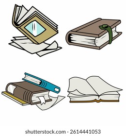 Four distinct book illustrations showcasing varying styles—an open book, a closed book with a ribbon, and two stacked books with different covers. Perfect for educational, literary, or creative design