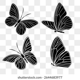 Four distinct butterfly designs are illustrated in a minimalist style. Each butterfly features elegant lines and detailed wing patterns, emphasizing their unique shapes and beauty