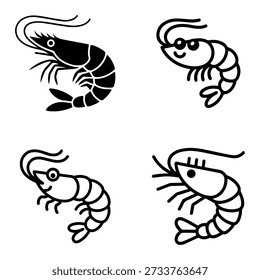 Four distinct cartoon-style shrimp illustrations with varying facial expressions and postures, presented in a clean, black and white design.
