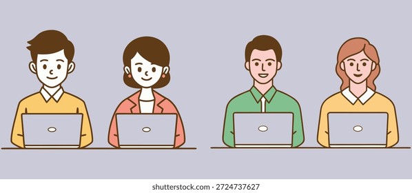 Cuatro personajes distintos trabajando en computadoras portátiles en fila que representan a la fuerza laboral corporativa moderna en los escritorios. Ilustración de diseño plano que muestra a hombres y mujeres profesionales que utilizan la tecnología para las operaciones comerciales diarias. Gráficos de Vector que representan el trabajo remoto y la productividad de la oficina en tecnología.