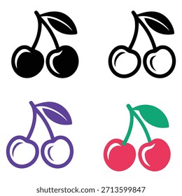 Cuatro íconos de cereza distintos muestran variedad y atractivo visual contra un fondo blanco limpio ideal para diversos proyectos de Diseño gráfico