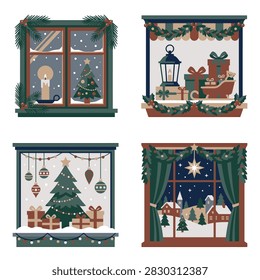 Four distinct Christmas window scenes, each showcasing festive decorations, Christmas trees, gifts, and winter landscapes.