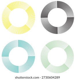 Vier verschiedene abstrakte, kreisförmige geometrische Muster mit radialen Linien, die von der Mitte ausgehen und in Gelb, Schwarz, Teal und Grün dargestellt sind.