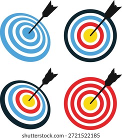 Four distinct circular archery targets featuring contrasting color schemes of red blue and black all pierced centrally by sharp black arrows representing hitting the intended objective perfectly.
