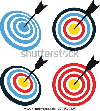 Four distinct circular archery targets featuring contrasting color schemes of red blue and black all pierced centrally by sharp black arrows representing hitting the intended objective perfectly.