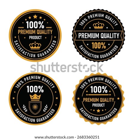 Four distinct circular badges showcasing premium quality. Each design incorporates elegant typography and royal elements.