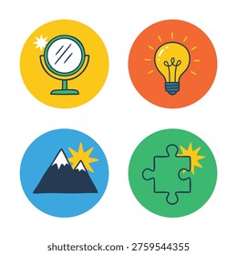 Four distinct circular icons: a mirror, a lightbulb, a mountain, and a puzzle piece, symbolizing self-reflection, ideas, goals, and problem-solving.