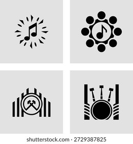 Cuatro iconos circulares distintos que representan notas musicales volumen mudo e instrumento musical aislado sobre fondo transparente