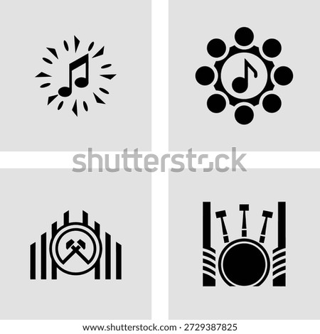 Four distinct circular icons representing music notes volume mute and musical instrument isolated on transparent background