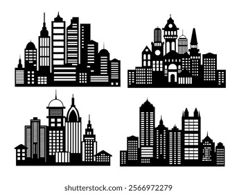 Four distinct city skylines create a striking visual representation of urban landscapes, with varying architectural styles and building heights