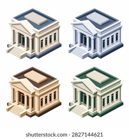 Four distinct classical architecture buildings in isometric style