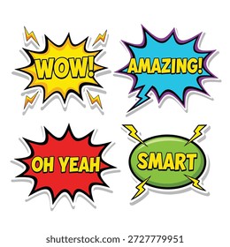 Cuatro burbujas de discurso de estilo de cómic distintas con las palabras WOW, AMAZING, OH YEAH y SMART, con acentos relámpago.
