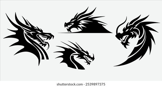 Four distinct dragon silhouette illustrations, each in unique poses and styles. Ideal for fantasy artwork, logos, or thematic designs, adding a powerful mythical element to your visuals.