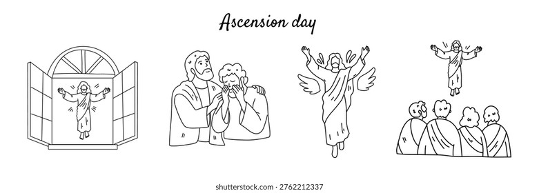 Four distinct drawings showing jesus christ and people in various religious poses