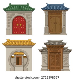 Four distinct examples of ornate Chinese architectural gates, showcasing traditional design elements and craftsmanship.