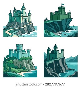 Four distinct fantasy castles perched on rocky cliffs above the sea, each with unique architecture and surrounding landscapes.