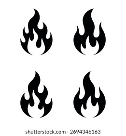 Quatro ícones de chama distintos são isolados em um fundo branco, cada um incorporando a essência do fogo. Esses símbolos evocam calor, energia e paixão em um design minimalista.
