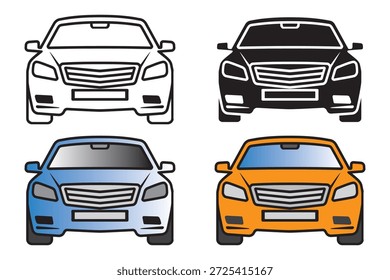 Cuatro vistas frontales distintas de un automóvil moderno que muestran el contorno, versiones negras, azules y naranjas