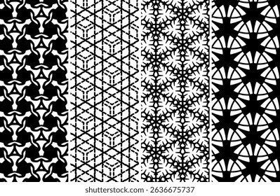 Four distinct geometric seamless patterns ideal for backgrounds, textiles, and various design applications. High-resolution black and white textures.