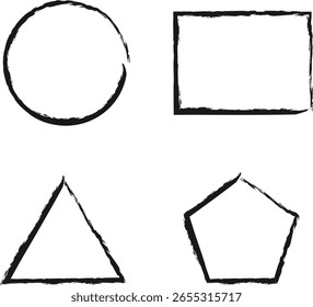 Four distinct geometric shapes are rendered in a bold black brush stroke. Black ink brush strokes forming geometric shapes.