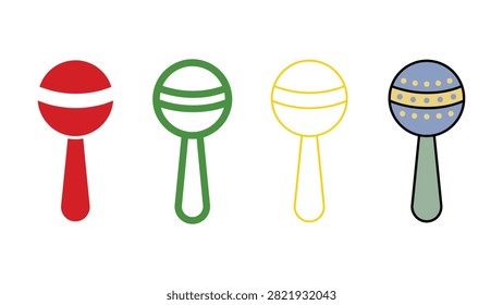 Four distinct graphic illustrations of baby rattles in various colors and styles are presented in a horizontal line