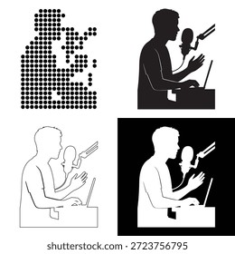 Cuatro interpretaciones gráficas distintas de una persona que participa activamente en la grabación de audio con un micrófono y una computadora portátil
