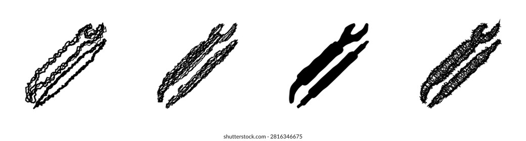 Four distinct graphic representations of common hand tools, including wrenches and pliers, rendered in different artistic styles on a white background