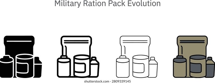 Four distinct graphic representations of military ration packs are depicted as isolated icons