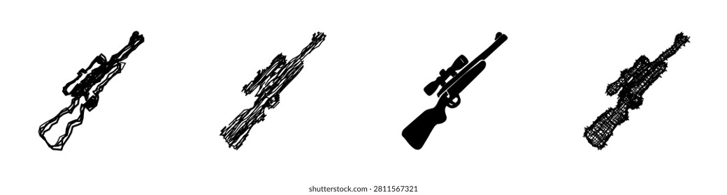 Four distinct graphic representations of a rifle, each rendered with unique artistic techniques and textures for varied visual impact