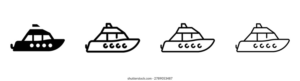 Four distinct graphical representations of a luxury yacht, showcasing solid fill, outline, and line art variations for versatile use in nautical themes
