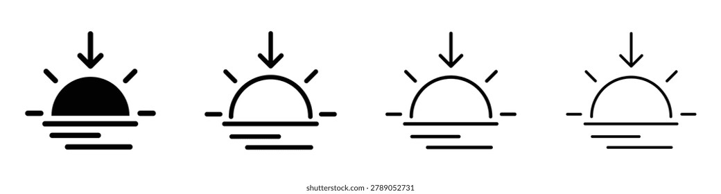 Four distinct graphical representations of the sun setting or rising above a body of water, each with a downward arrow indicating descent or ascent